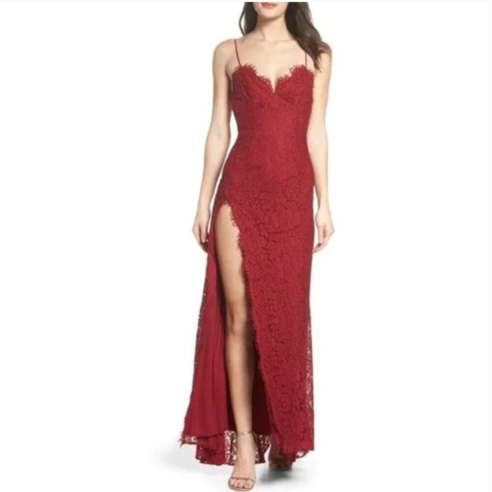 Fame and Partners Revolve Everett Red Wine Cherry Burgundy Lace Gown Maxi Dress